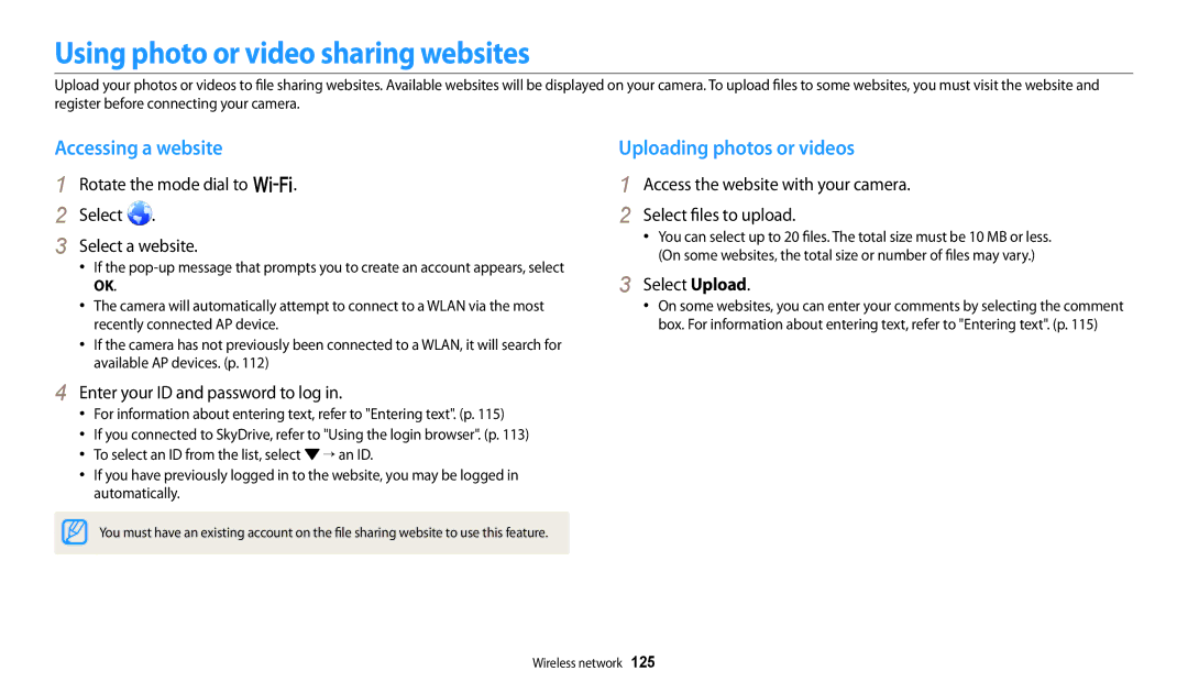 Samsung ECWB250FFPRUS, WB250F White Using photo or video sharing websites, Accessing a website, Uploading photos or videos 