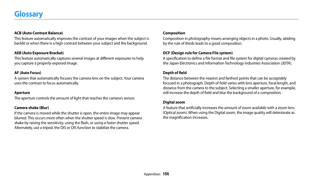 Samsung WB250F White, ECWB250FFPRUS, ECWB250FFPAUS, ECWB250FFPWUS, ECWB250FFPBUS, EC-WB250FBPWUS, EC-WB250FBPBUS Glossary 