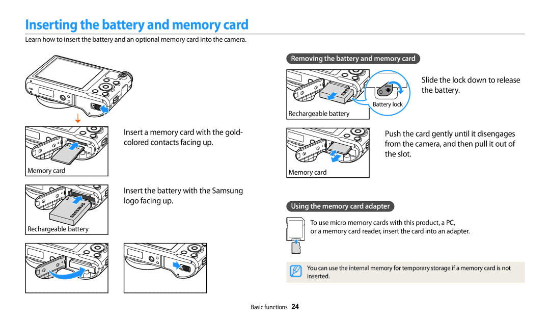 Samsung EC-WB250FBPAUS, ECWB250FFPRUS Inserting the battery and memory card, Slide the lock down to release the battery 