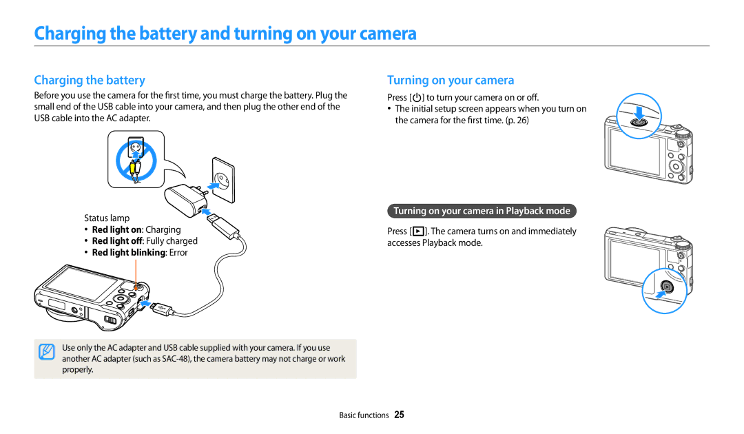 Samsung EC-WB250FBPRUS, ECWB250FFPRUS, WB250F White Charging the battery and turning on your camera, Turning on your camera 