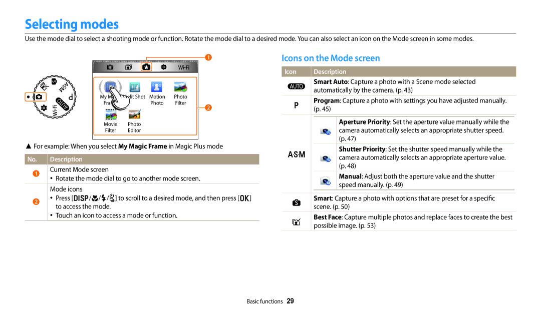 Samsung ECWB250FFPBUS, ECWB250FFPRUS, ECWB250FFPAUS, ECWB250FFPWUS, WB250F White Selecting modes, Icons on the Mode screen 