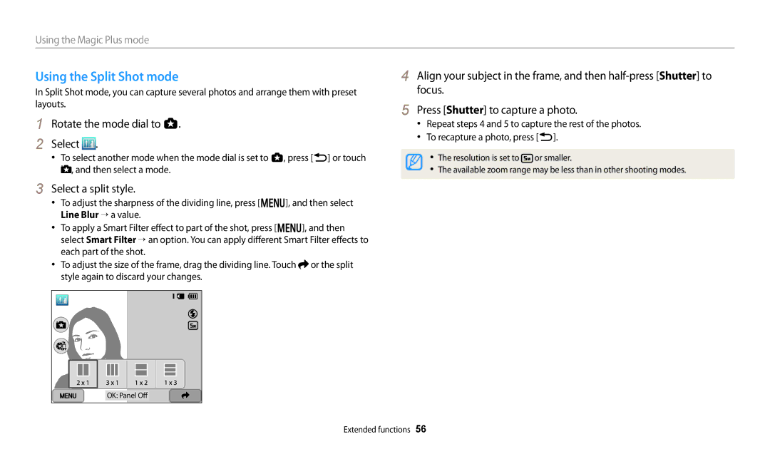 Samsung ECWB250FFPBUS, ECWB250FFPRUS, ECWB250FFPAUS, ECWB250FFPWUS user manual Using the Split Shot mode, Select a split style 