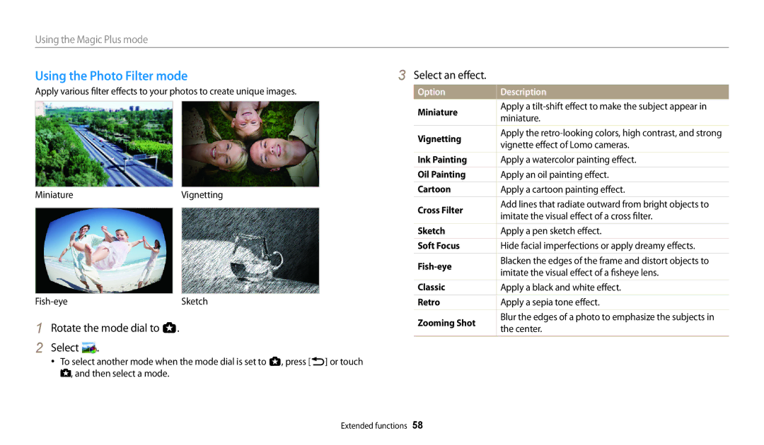 Samsung EC-WB250FBPWUS, ECWB250FFPRUS, ECWB250FFPAUS, ECWB250FFPWUS user manual Using the Photo Filter mode, Select an effect 