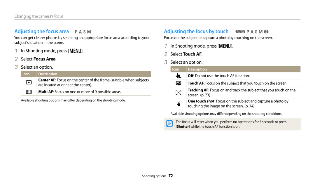 Samsung ECWB250FFPAUS Adjusting the focus area p a h M, Adjusting the focus by touch T p a h M s, Select Focus Area 