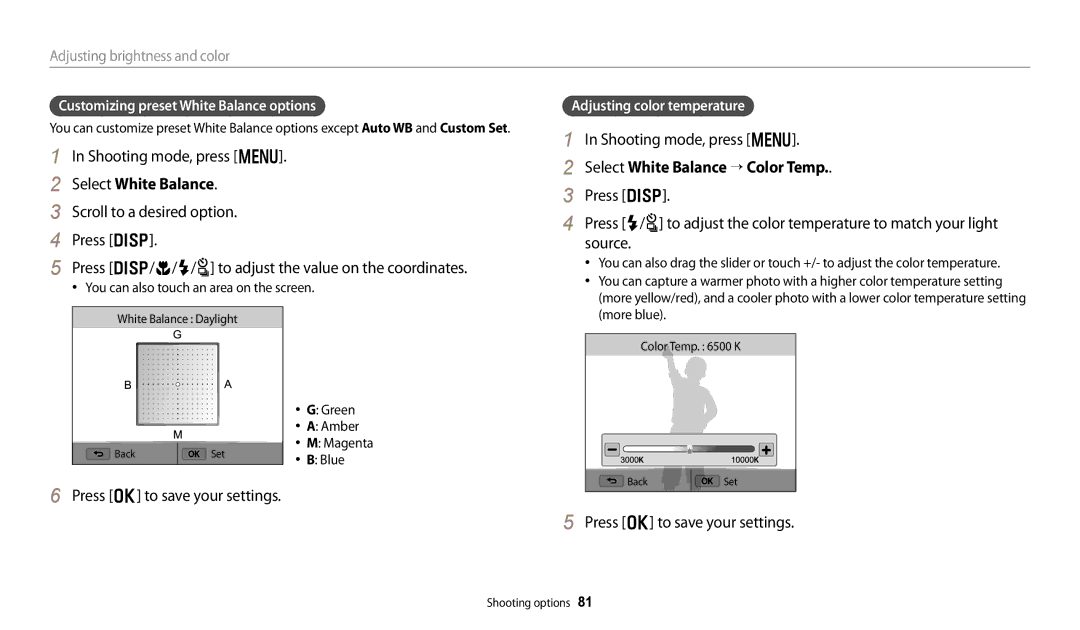 Samsung ECWB250FFPAUS, ECWB250FFPRUS user manual Select White Balance “ Color Temp, Customizing preset White Balance options 