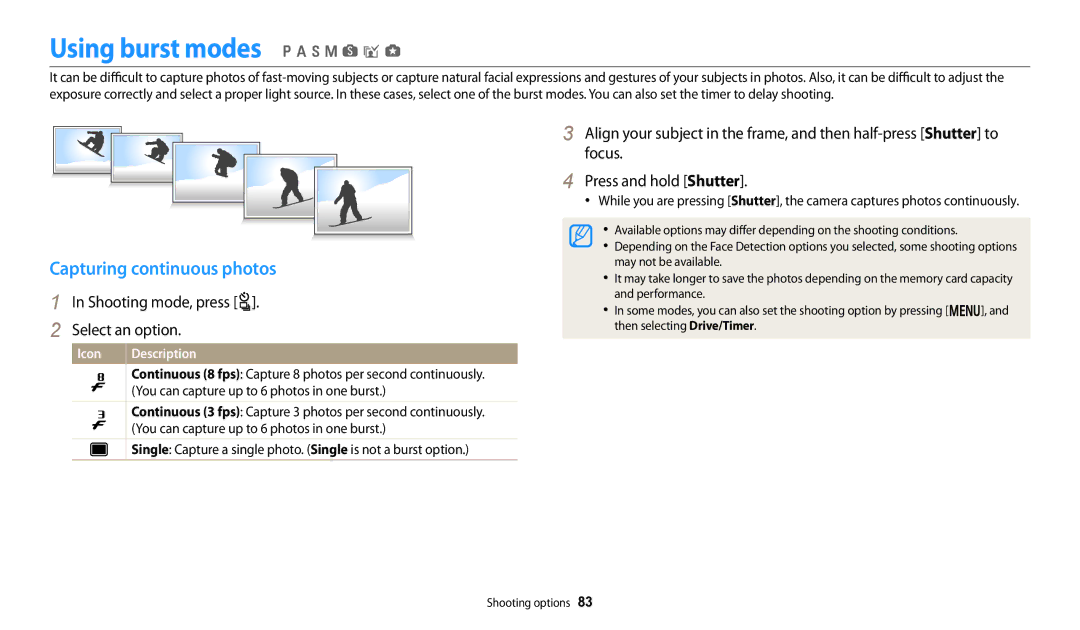 Samsung ECWB250FFPBUS, ECWB250FFPRUS, ECWB250FFPAUS user manual Using burst modes p a h M s i g, Capturing continuous photos 