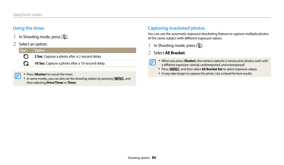 Samsung WB250F White Using the timer, Capturing bracketed photos, Shooting mode, press t, Select AE Bracket, Icon Option 