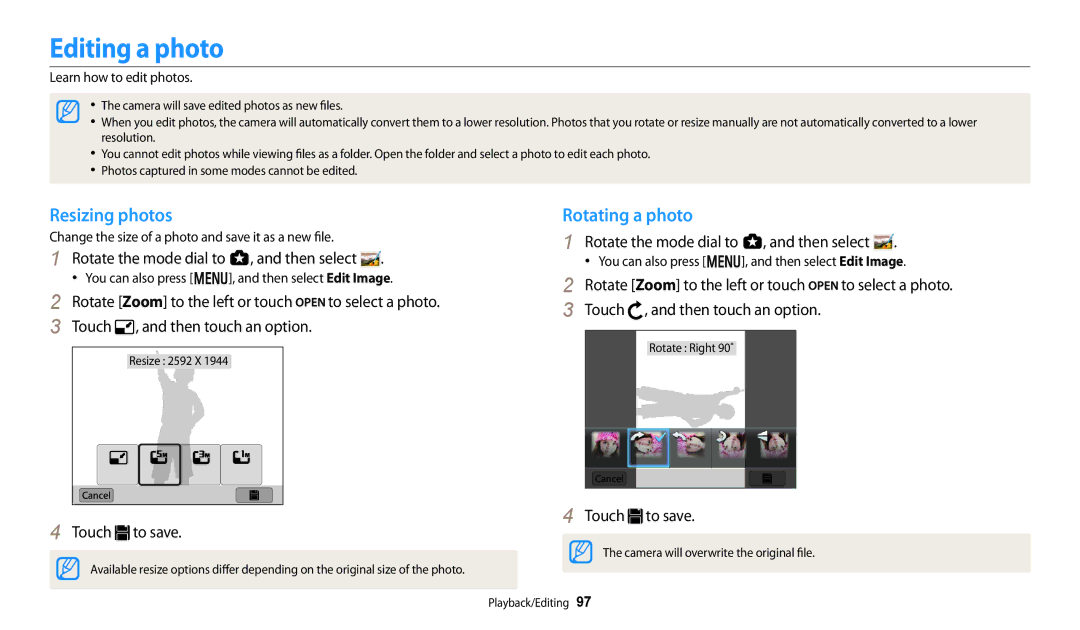 Samsung EC-WB250FBPRUS Editing a photo, Resizing photos, Rotate the mode dial to g, and then select, Touch to save 