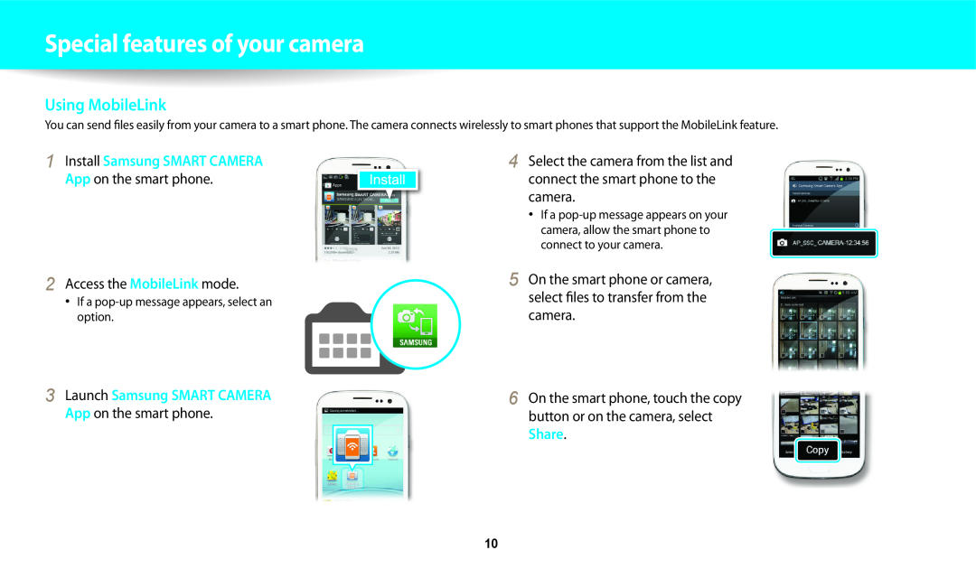 Samsung ECWB250FFPWUS, ECWB250FFPRUS Using MobileLink, Special features of your camera, Install Samsung SMART CAMERA 