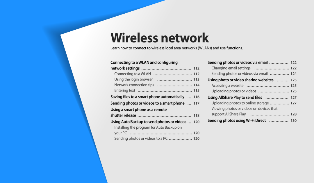 Samsung WB250F White, ECWB250FFPRUS Wireless network, Connecting to a WLAN and configuring network settings ………………………………… 