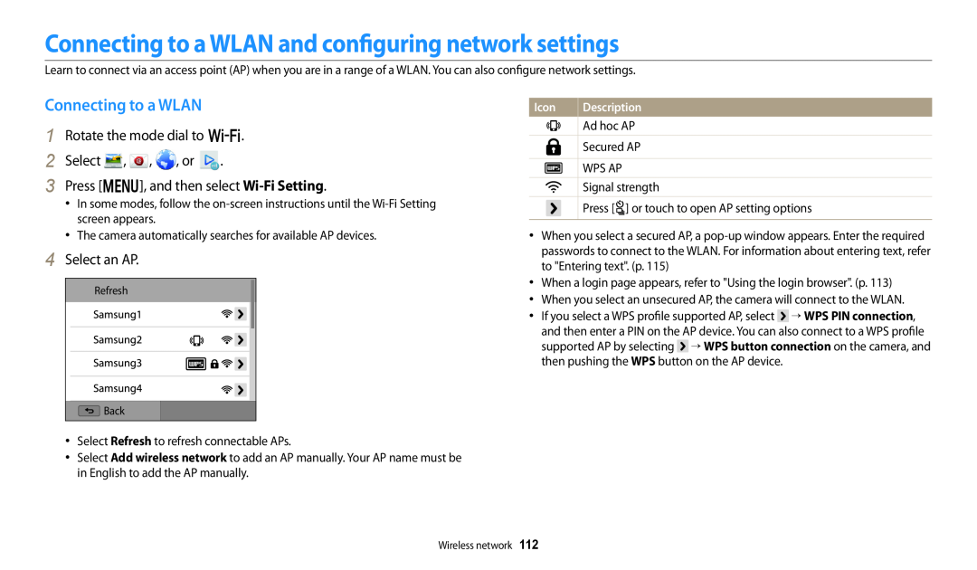 Samsung EC-WB250FBPWUS Connecting to a WLAN and configuring network settings, Rotate the mode dial to w 2 Select , , , or 
