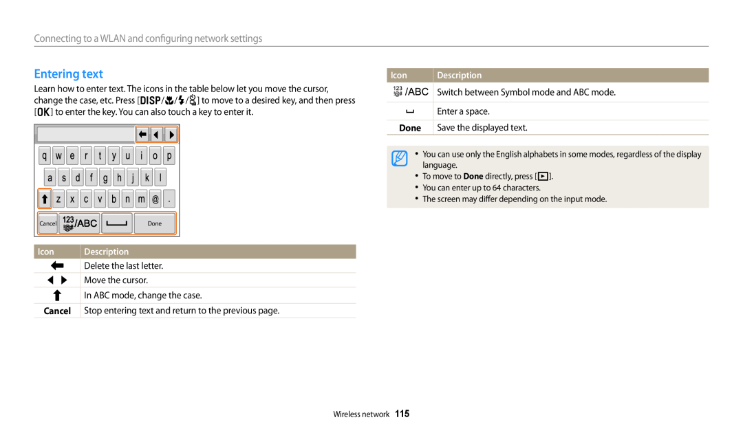 Samsung EC-WB250FBPRUS user manual Entering text, Connecting to a WLAN and configuring network settings, Icon Description 