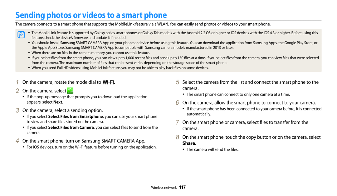 Samsung ECWB250FFPAUS, ECWB250FFPRUS Sending photos or videos to a smart phone, On the camera, select a sending option 