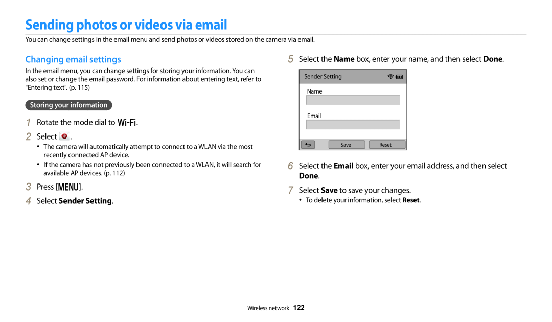 Samsung EC-WB250FBPBUS Sending photos or videos via email, Changing email settings, Press m, Select Sender Setting 