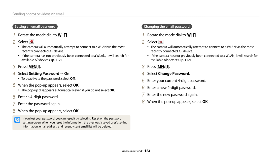Samsung EC-WB250FBPAUS Select Setting Password “ On, When the pop-up appears, select OK, Select Change Password, Press m 
