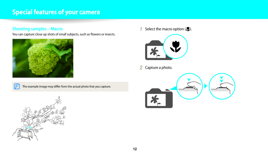 Samsung WB250F White Shooting samples - Macro, Select the macro option Capture a photo, Special features of your camera 