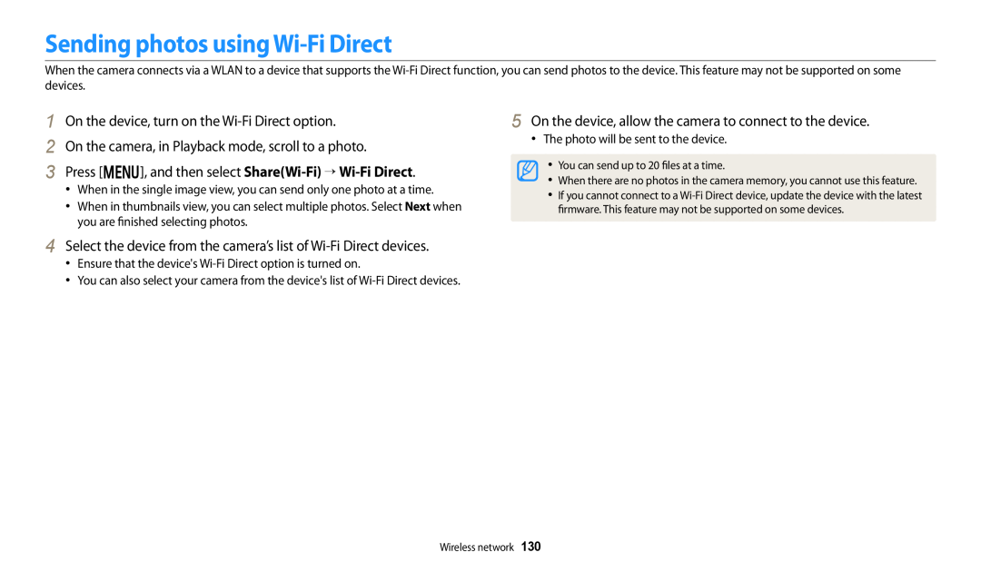 Samsung EC-WB250FBPWUS, ECWB250FFPRUS Sending photos using Wi-Fi Direct, On the device, turn on the Wi-Fi Direct option 