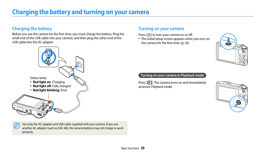 Samsung EC-WB250FBPRUS Charging the battery and turning on your camera, Turning on your camera, Red light on Charging 