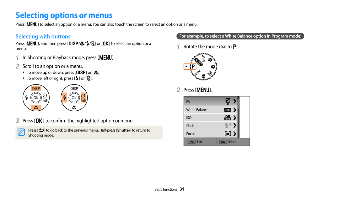 Samsung EC-WB250FBPWUS Selecting options or menus, Selecting with buttons, In Shooting or Playback mode, press m 