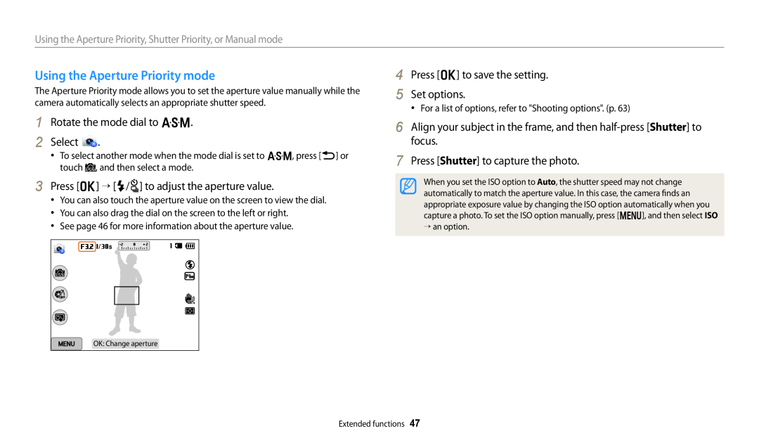 Samsung ECWB250FFPBUS user manual Using the Aperture Priority mode, Rotate the mode dial to G 2 Select, OK Change aperture 