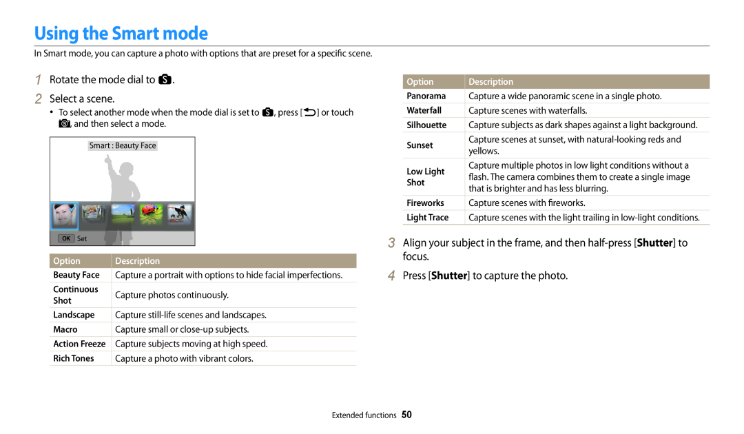 Samsung EC-WB250FBPBUS Using the Smart mode, Rotate the mode dial to s 2 Select a scene, Option, Description, Beauty Face 