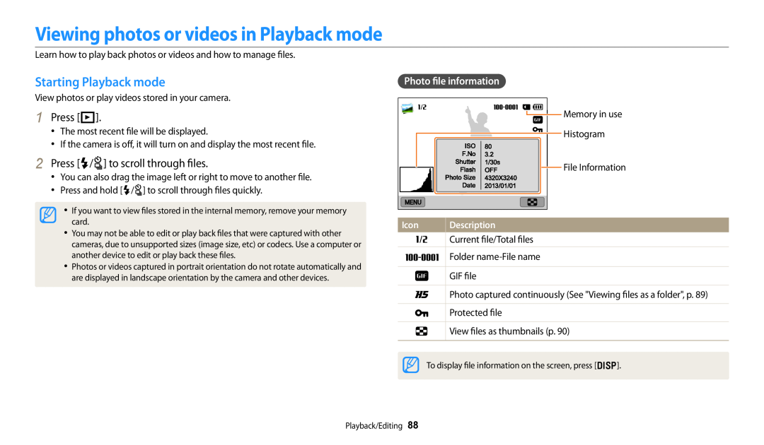Samsung EC-WB250FBPRUS Viewing photos or videos in Playback mode, Starting Playback mode, Press P, Photo file information 
