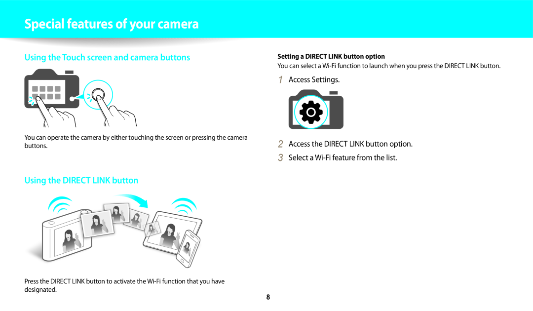 Samsung ECWB250FFPRUS, ECWB250FFPAUS user manual Special features of your camera, Using the Touch screen and camera buttons 