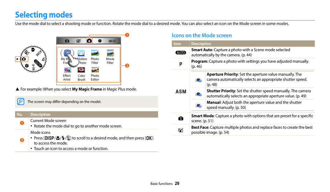 Samsung ECWB350FBPWUS, ECWB350FBPNUS, ECWB350FBPUUS, ECWB350FBPRUS, ECWB350FBPBUS Selecting modes, Icons on the Mode screen 