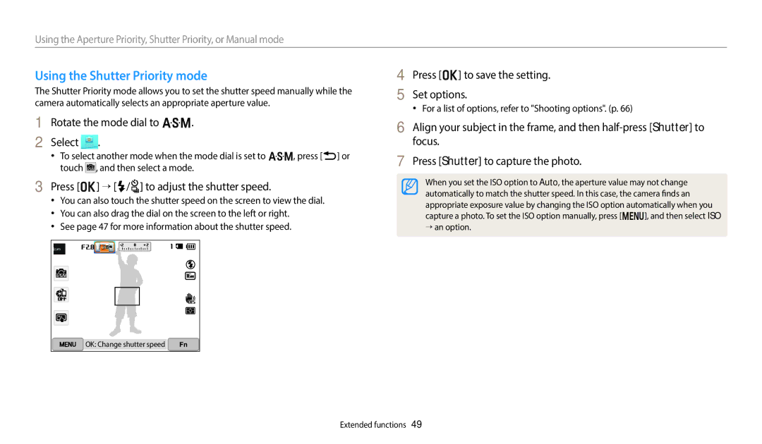 Samsung EC-WB350FBPUUS, ECWB350FBPWUS, 7862, 7855 Using the Shutter Priority mode, Press o → F/t to adjust the shutter speed 