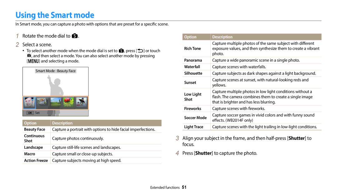 Samsung EC-WB350FBPRUS, ECWB350FBPWUS Using the Smart mode, Rotate the mode dial to s Select a scene, Option Description 