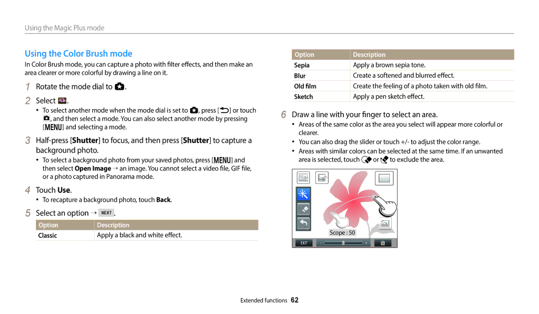 Samsung ECWB350FBPRUS, 7862 Using the Color Brush mode, Select an option →, Draw a line with your finger to select an area 