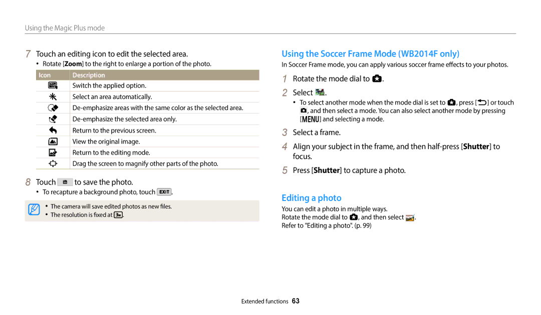 Samsung ECWB350FBPBUS, 7862, 7855 Using the Soccer Frame Mode WB2014F only, Editing a photo, Select an area automatically 