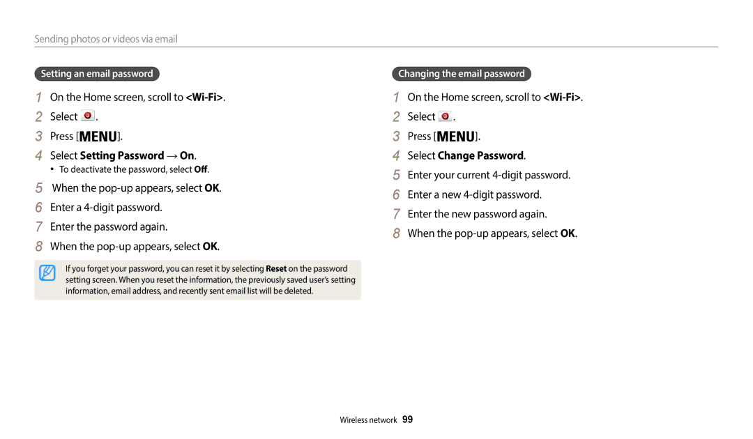 Samsung EC-WB35FZBPWUS user manual Select Setting Password → On, Select Change Password, Sending photos or videos via email 