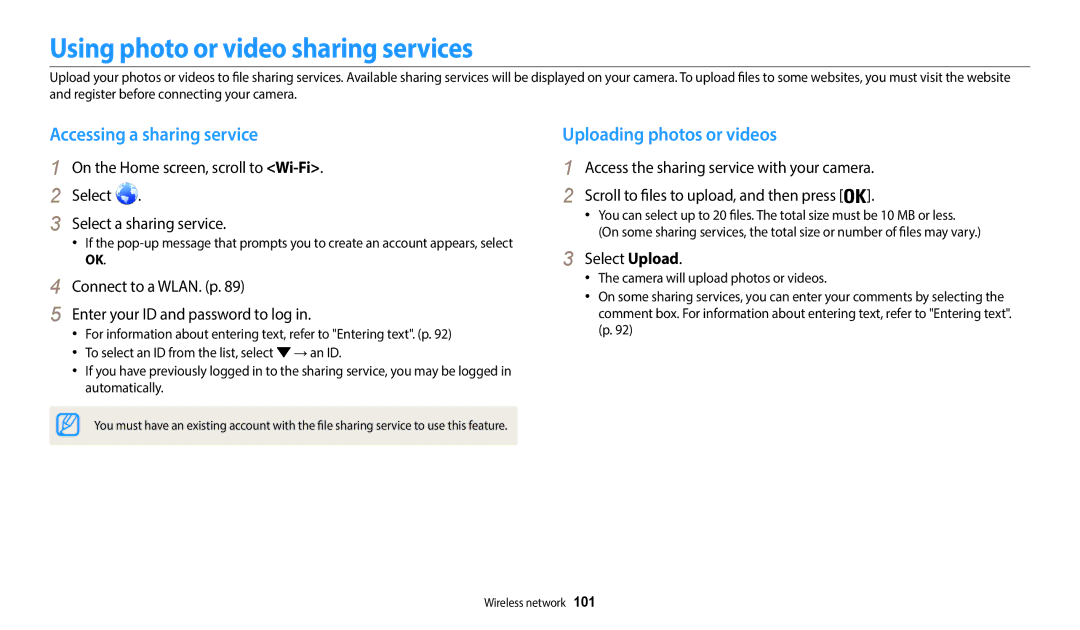 Samsung EC-WB35FZBPLUS Using photo or video sharing services, Accessing a sharing service, Uploading photos or videos 