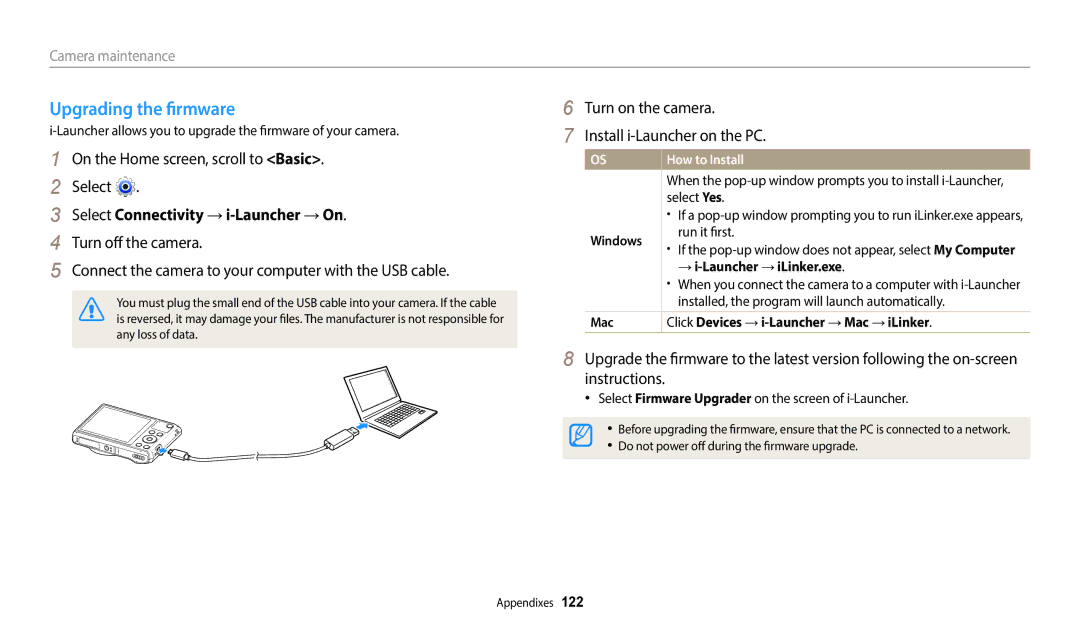 Samsung ECWB35FZBPLUS, ECWB35FZBPRUS, ECWB35FZBPWUS user manual Upgrading the firmware, Select Connectivity → i-Launcher → On 