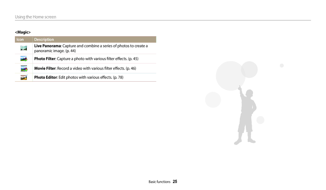 Samsung ECWB35FZBPBUS user manual Magic, Panoramic image. p, Photo Filter Capture a photo with various filter effects. p 