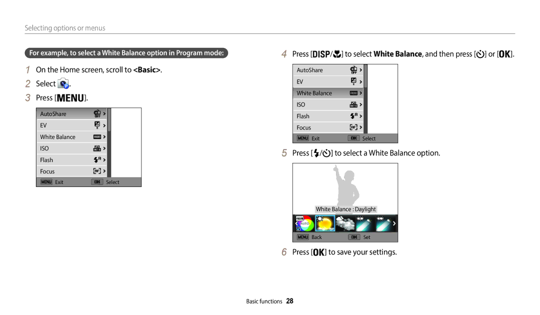 Samsung EC-WB35FZBPBUS, ECWB35FZBPRUS Select Press, Selecting options or menus, Press To select a White Balance option 