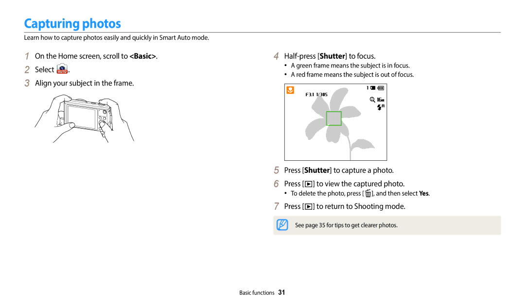 Samsung ECWB35FZBPRUS Capturing photos, Press to return to Shooting mode, To delete the photo, press , and then select Yes 