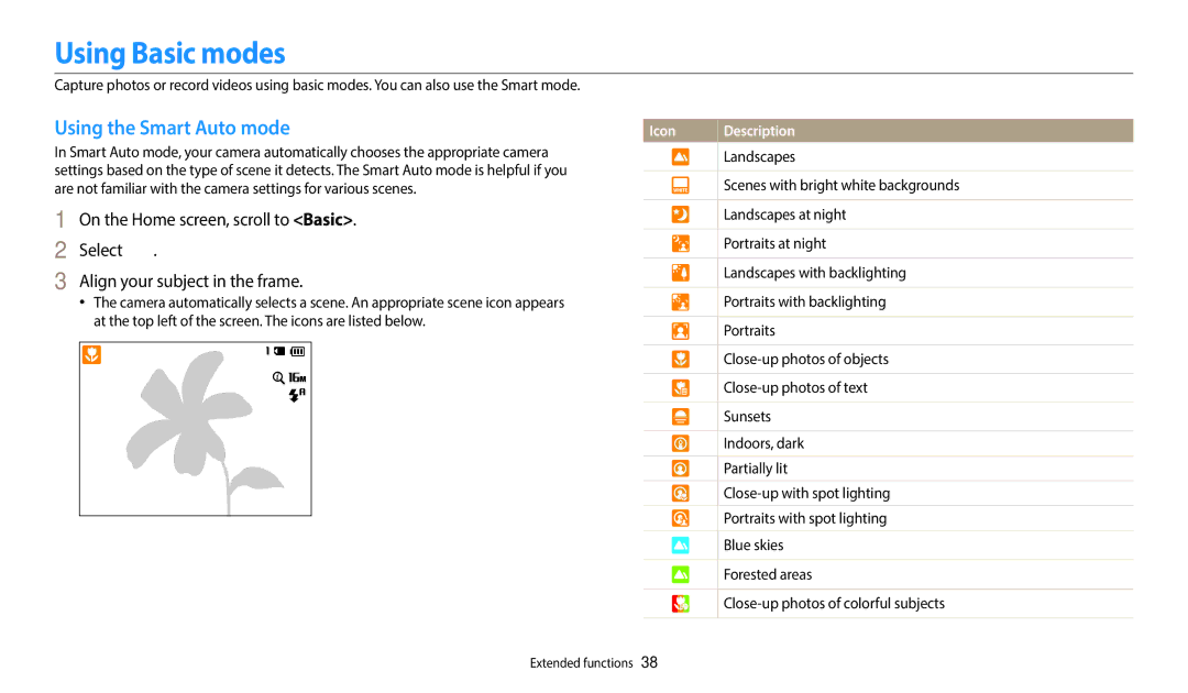 Samsung EC-WB35FZBPRUS, ECWB35FZBPRUS, ECWB35FZBPWUS, ECWB35FZBPBUS user manual Using Basic modes, Using the Smart Auto mode 