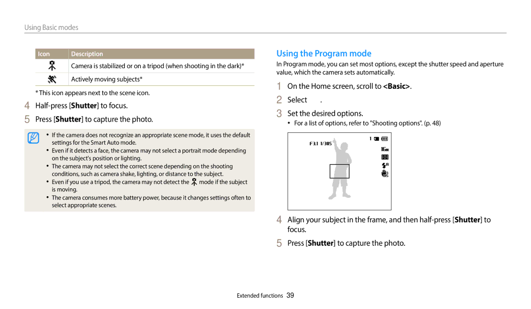 Samsung ECWB35FZBPRUS, ECWB35FZBPWUS, ECWB35FZBPBUS Using the Program mode, Using Basic modes, Actively moving subjects 