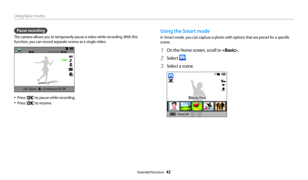 Samsung ECWB35FZBPLUS Using the Smart mode, On the Home screen, scroll to Basic Select Select a scene, Pause recording 