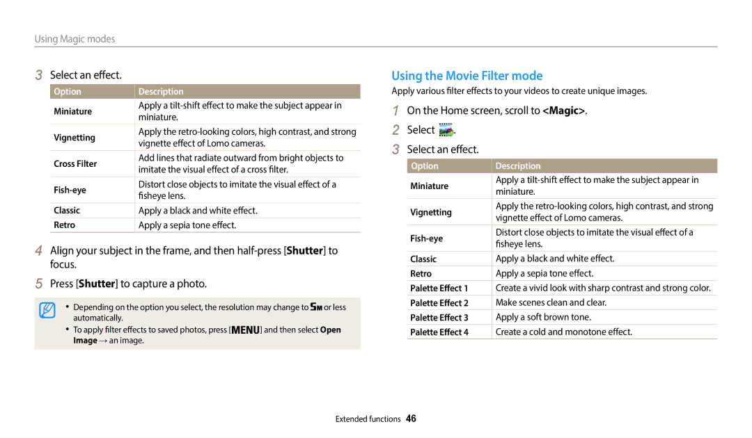 Samsung EC-WB35FZBPRUS, ECWB35FZBPRUS, ECWB35FZBPWUS, ECWB35FZBPBUS user manual Using the Movie Filter mode, Select an effect 