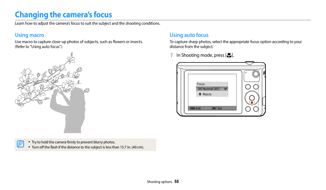 Samsung ECWB35FZBPRUS, ECWB35FZBPWUS, ECWB35FZBPBUS user manual Changing the camera’s focus, Using macro, Using auto focus 