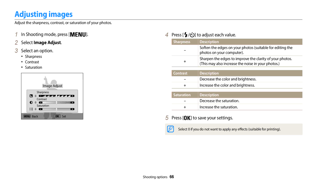 Samsung ECWB35FZBPLUS Adjusting images, Select Image Adjust, Press / to adjust each value, Press to save your settings 