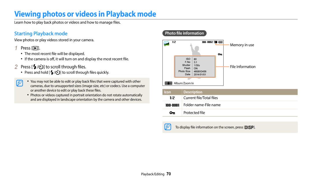 Samsung EC-WB35FZBPRUS Viewing photos or videos in Playback mode, Starting Playback mode, Press / to scroll through files 