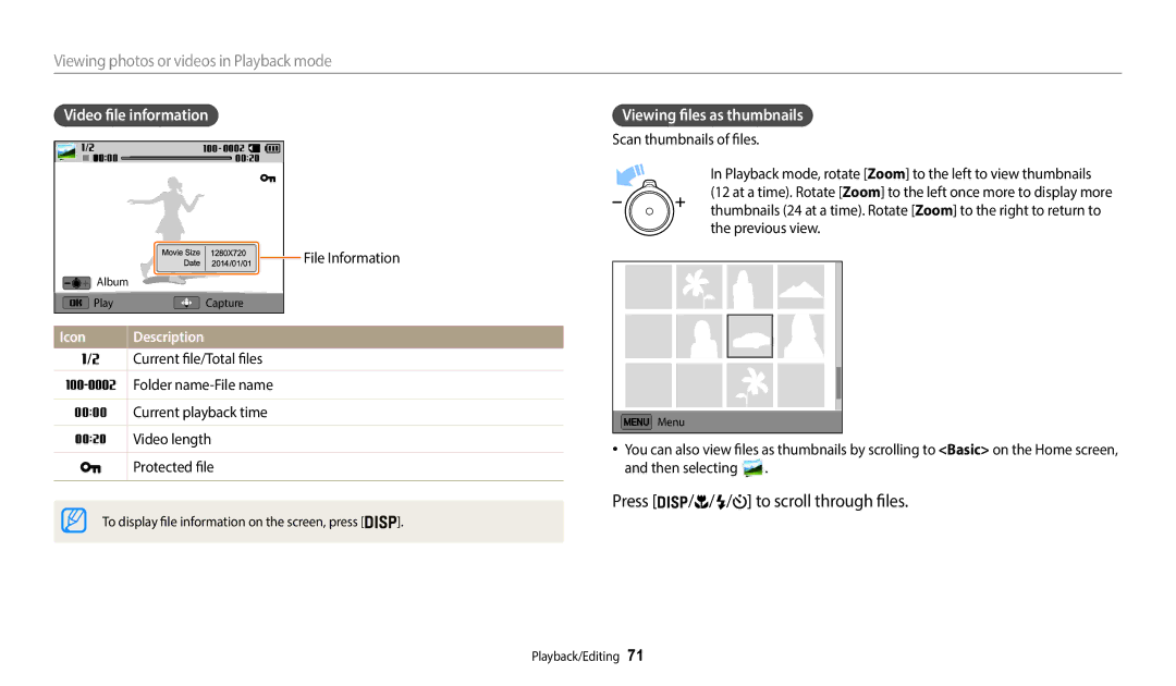 Samsung ECWB35FZBPRUS To scroll through files, Viewing photos or videos in Playback mode, Video file information 