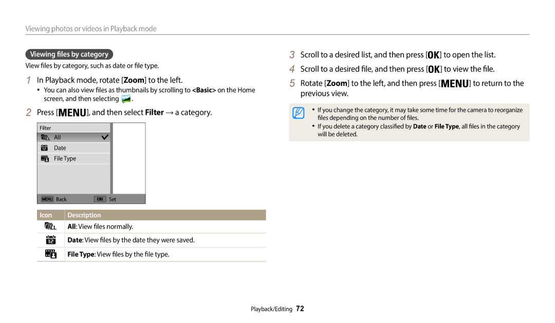 Samsung ECWB35FZBPWUS Playback mode, rotate Zoom to the left, Viewing files by category, All View files normally 