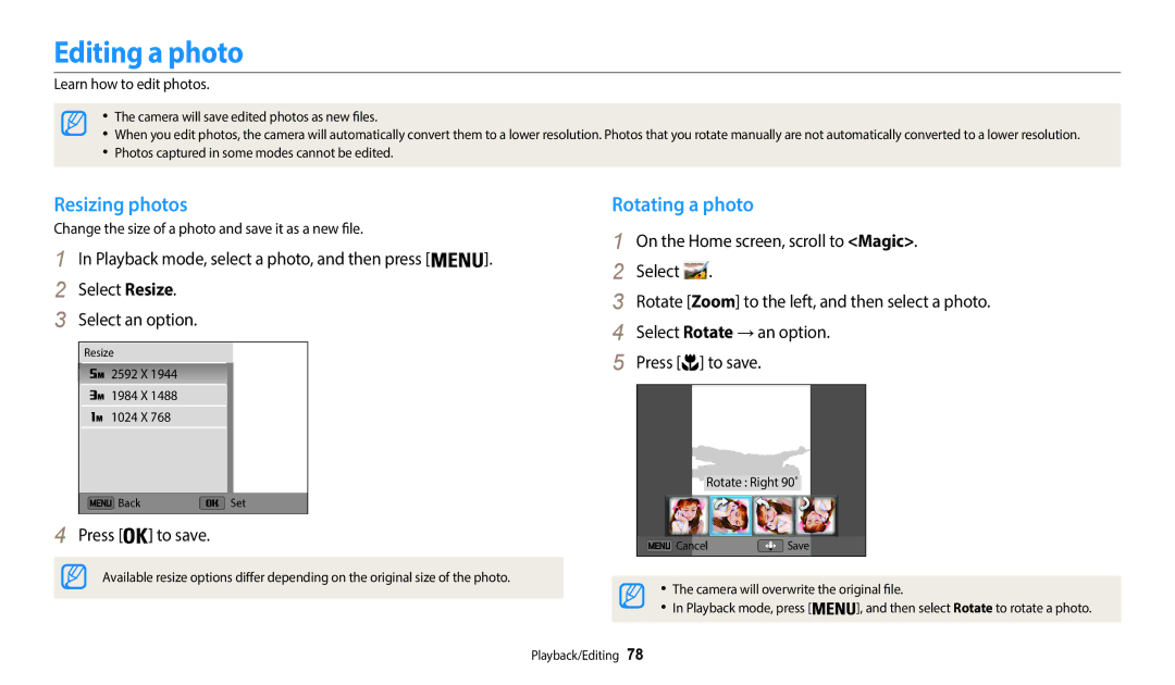 Samsung EC-WB35FZBPRUS, ECWB35FZBPRUS Editing a photo, Resizing photos, Rotating a photo, Learn how to edit photos 