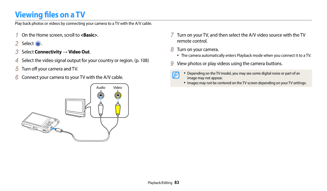 Samsung EC-WB35FZBPWUS, ECWB35FZBPRUS, ECWB35FZBPWUS, ECWB35FZBPBUS Viewing files on a TV, Select Connectivity → Video Out 