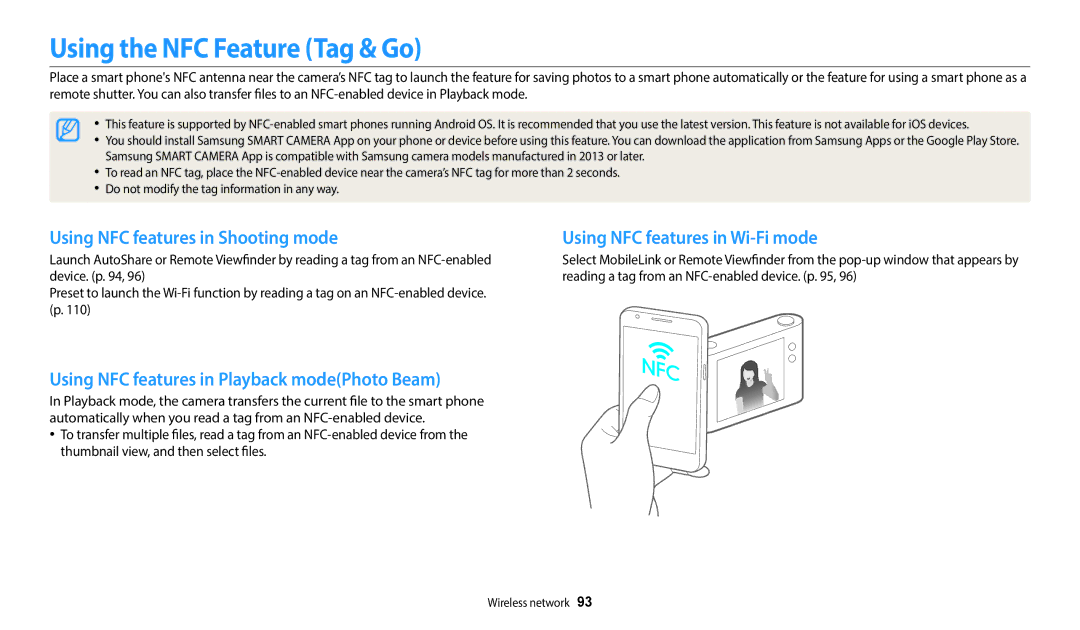 Samsung EC-WB35FZBPLUS, ECWB35FZBPRUS, ECWB35FZBPWUS Using the NFC Feature Tag & Go, Using NFC features in Shooting mode 